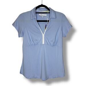 NWT Pebble Beach Performance Womens Small Golf Polo Shirt Blue Striped V Neck